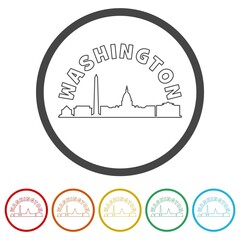 Sticker - Washington city skyline on white background. Set icons colorful