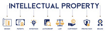 Banner Of Intellectual Property Web Icon Vector Illustration Concept For Trademark With Icon And Symbol Of Design, Patents, Invention, Authorship, Law, Copyright, Protection, And Brand