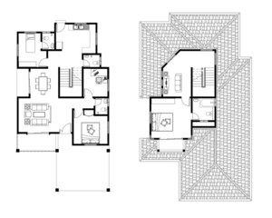Naklejka na meble 2D CAD 2 story house layout plan drawing with 3 bedrooms complete with 2 bathrooms, balcony, furniture, kitchen, living room porch and furniture. Drawing produced in black and white. 