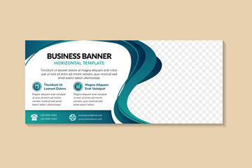 Poster - Abstract geometric banner template. Horizontal layout with multicolored blue gradient element. Space for photo collage and text. White background with curve style.