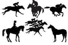 Horse Racing Silhouettes. Sports Silhouette Of Horse Riding Vector.