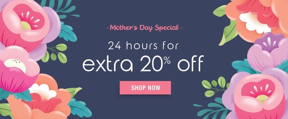 Wall Mural - Happy mother's day sale banner design with beautiful blossom flowers.