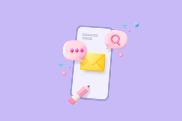 3d mail envelope icon with notification new message in mobile phone. Minimal email letter with pop up speech icon. message via smartphone concept 3d vector render isolated purple pastel background