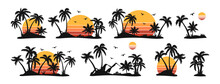 Silhouettes Of Palm Trees And Orange Sun Vector. Set Of Palm Trees And Sunrise Vector Silhouette. Tropical Landscape Mountains Black Vector Illustration.eps	
