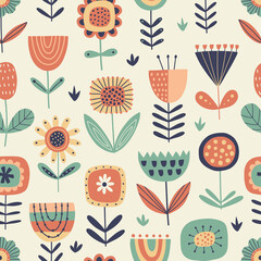 Wall Mural - Seamless floral pattern in folk style. Hand-drawn vector background with stylized flowers. For textiles, clothing, bed linen, office supplies.