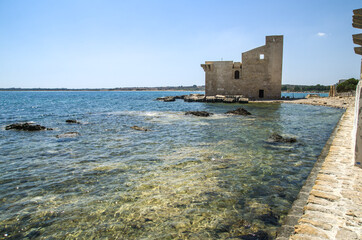 Wall Mural - Ancient abandoned Tonnara (Tuna Factory) inside the Nature reserve of Vendicari, near Noto and Marzamemi, province of Syracuse, Sicily, Italy