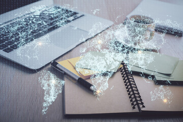 Aufkleber - Double exposure of social network drawing and desktop with coffee and items on table background. Concept of international connection.