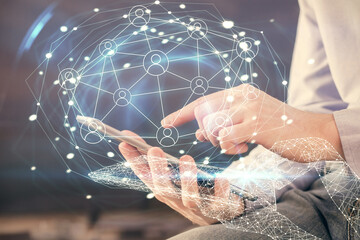 Poster - Double exposure of man's hands holding and using a phone and social network theme drawing.