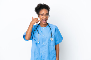 Sticker - Young surgeon African American doctor woman isolated on white background making phone gesture. Call me back sign