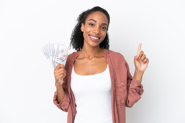 Wall Mural - Young African American woman taking a lot of money isolated on white background showing and lifting a finger in sign of the best