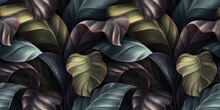 Dark Tropical Leaves In Golden, Silver, Purple Colors. Seamless Pattern, Luxury Wallpaper. Premium 3d Illustration, Vintage Watercolor Design. Dark Background, Metallic Texture. Abstract Digital Paper