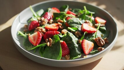 Wall Mural - Strawberry and spinach salad with walnuts, video 4k