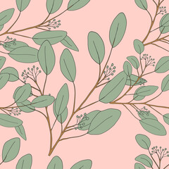  Seamless pattern Eucalyptus branches leaves on peach colour background,Repeat Green floral pattern background for frabric wrapper,wallpaper,postcard,greeting card,wedding invitation