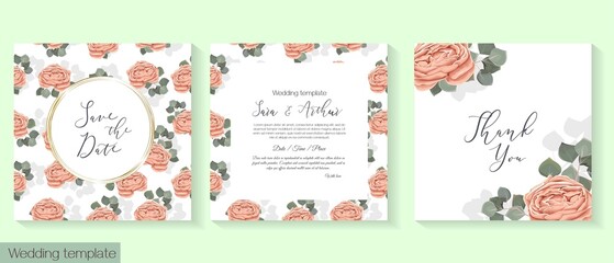  Vector floral template for wedding invitations. Beige roses, eucalyptus, gold frame. Floral pattern on invitation card