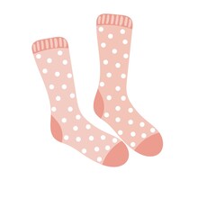 Pair Of Warm Wool Pink Socks With Polka Dot Pattern. Winter Woolen Feet Clothes. Trendy Hosiery Design. Hand-drawn Vector Illustration Isolated On White Background