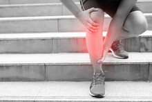Runner Touching Painful Twisted Or Broken. Athlete Training, Running Up And Down Stairs Accident. Sport Sprained Sprain Cause Injury Knee. And Pain With Leg Bones.