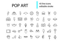 Poop Art Outline Icons Set. Retro 1960s Design. Female Lips, Heart And Roller Skates. Isolated Vector Stock Illustration