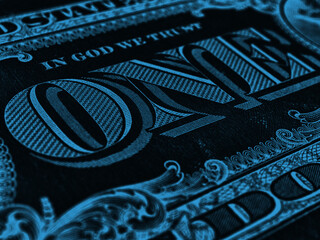 Wall Mural - american paper money. 1 us dollar banknote. word one closeup. dark blue inverted background or backd