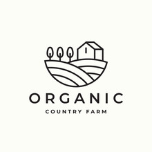 Organic Country Farm Logo. Farmhouse Icon. Hillside Farmstead Sign. Vineyard Fields Landscape And House Symbol. Vector Illustration.