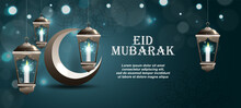 Eid Mubarak Premium Vector Illustration With Luxury Design. Blue Pink Gradient Eid Mubarak Background With Star And Moon. Islamic Light Design With White Eid Mubarak Design