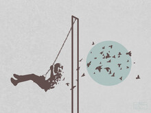 Boy On Swing. Dying Child Silhouette. Death And Afterlife. Flying Bird