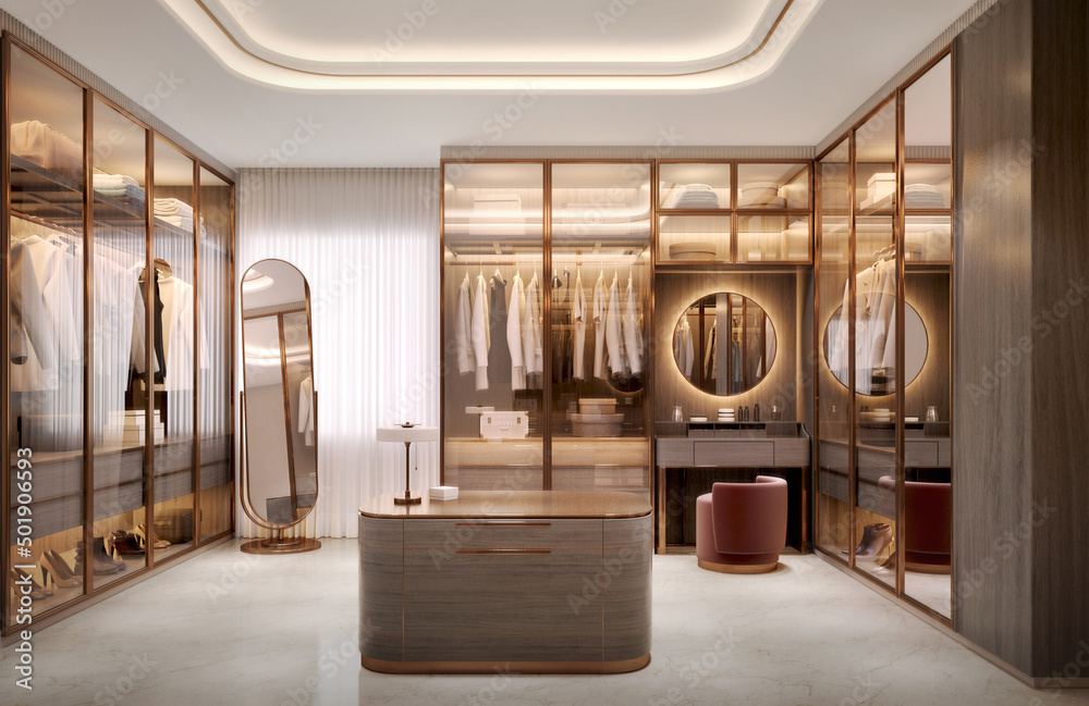 Luxury walk in closet interior with wood and gold elements.3d rendering ...