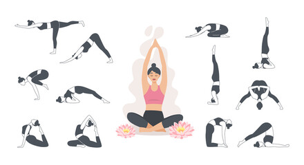 Set of sporty young woman doing yoga. Healthy lifestyle. Vector collection of female characters demonstrating different yoga positions isolated on white background