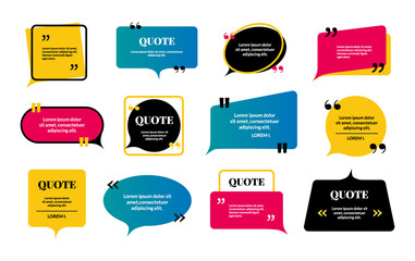 Aufkleber - Text bubble. Modern message with frame. Citation borders with commas and copy space. Saying quotation isolated textboxes. Opinion phrase and comment quoting. Vector quote stickers set