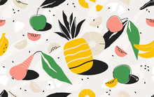 Abstract Background With Organic Shapes. Fruits And Leaves Pattern. Trendy Seamless Wallpaper. Tropical Banana And Apples. Ripe Juicy Pieces. Pineapple And Pears. Vector Illustration