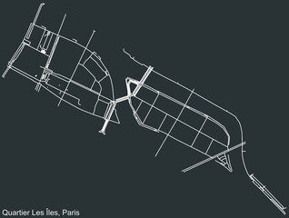 Detailed negative navigation white lines urban street roads map of the LES ILES - NOTRE-DAME QUARTER of the French capital city of Paris, France on dark gray background