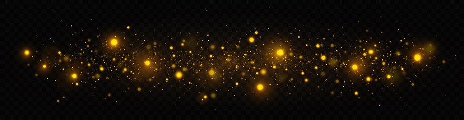 Wall Mural - Golden shimmering background with light effect. The dust sparks and golden stars shine with special light on a transparent background. Christmas concept.