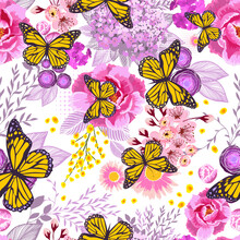 Seamless Background From Pink And Yellow Flowers With Butterflies.. Vector Illustration