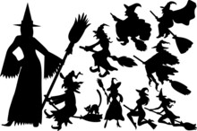 Flying Witches  Black Silhouettes  Bundle. Witches Flying On A Broomstick. A Collection Of Silhouettes For Halloween.