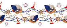 Nautical, Border Marine Concepts Seamless Pattern Design With Rope, Sailboat, Ship Wheel, Lighthouse, Anchor, Marine Elements, Icons Long Horizontal Background