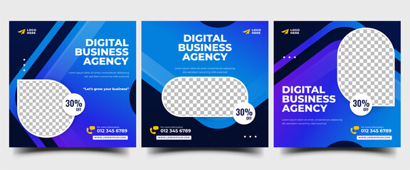 Set of Digital business agency promotion social media post template. Editable square banner with blue background and place for the photo. Usable for social media post, banner, and web.