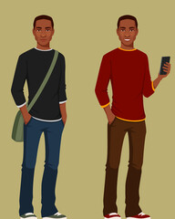 Wall Mural - cartoon illustration of a friendly young man in casual outfit. Handsome African American student using a cell phone.