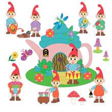 Garden Gnome Characters With Various Gardening Tools, Flashlight, Wheelbarrow, Flowers, Mushrooms, Drum, Shovel. House Of The Gnomes. Dragonfly, Butterflies. Mushrooms And Flowers. Vector Illustration