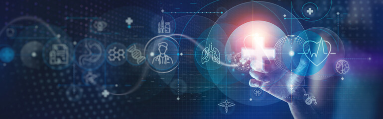 Doctor working  intelligence network connecting data analysis innovation technology in medical and science develop solution to improve quality of lives and wellbeing.diagnose patient health problem.