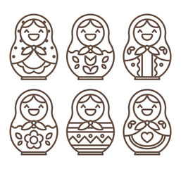 Vector illustration of a matryoshka isolated on white background. Traditional russian nesting doll linear pictograms. Icon set. Editable stroke