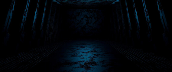 Wall Mural - dark empty stage, street, night smog and smoke, neon light. dark background of the night city, ray o