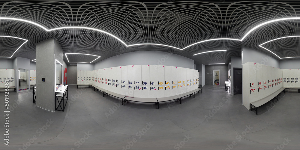 Locker Distance Kirov, Russia-April 2021. Modern dressing room in the gym. Two levels ...