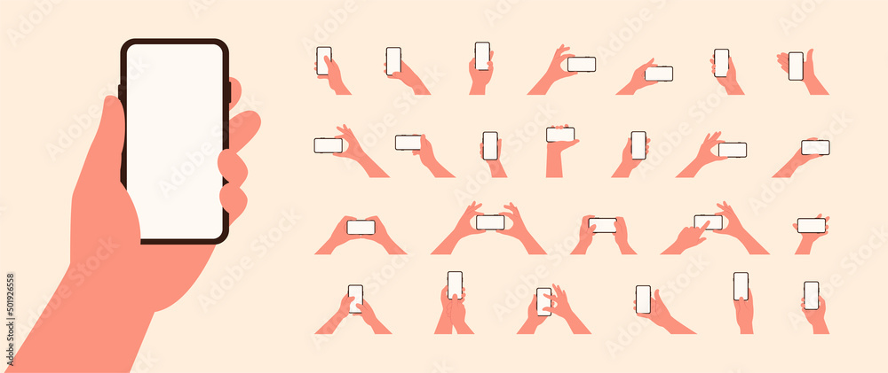 Hand holding mobile phone horizontally and vertically with blank screen ...