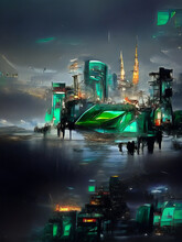 A 3d Digital Render Of A Green Cyberpunk City With A H Uge Green Gem Being Transported In The Rain.