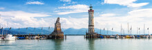 Lake Constance, Panoramic View Of Harbor Entrance In Lindau Island, Germany