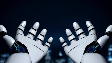 Futuristic robot artificial intelligence enlightening AI technology development and machine learning concept. Global robotic bionic science research for future of human life. 3D rendering graphic.