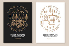 Set Of Camping Template. Vector. Line Art Flyer, Brochure, Banner, Poster With Quad Bike, Campin Cup, Italian Coffee Maker And Forest Landscape.