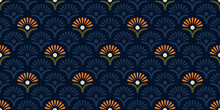 Elegant Pattern Small Orange Flowers Motif Seamless Classic Blue Floral Background. Modern Japanese Style Fabric Design Textile Swatch Ladies Dress Allover Print Block.