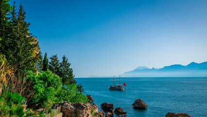 Wall Mural - Antalya, Turkey. Sailing Ship For Sea Tours. Mediterranean landscape