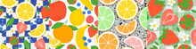 Summer Tropical Fruit Seamless Pattern Set. Modern Flat Cartoon Organic Fruits Ingredient Background Collection. Fresh Apple, Orange, Banana, Strawberry And More.