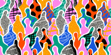 Colorful Diverse People Crowd Abstract Art Seamless Pattern. Multi-ethnic Community, Big Cultural Diversity Group Background Illustration In Modern Collage Painting Style.